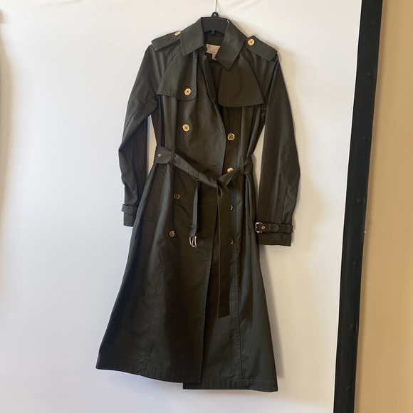 Michael Kors Military Green long trench coat Sz S NEW - Picture 2 of 13
